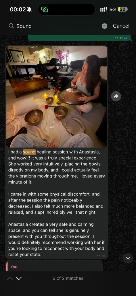Sound healing session with Anastasia — singing bowls placed on the body